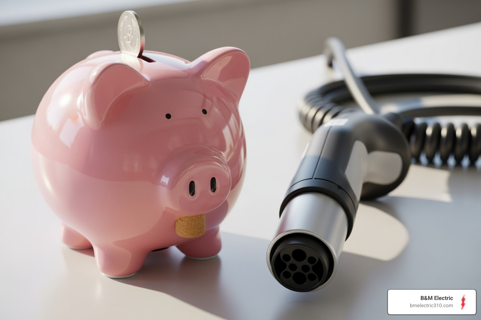 piggy bank next to EV charger plug - home ev charger installation south bay