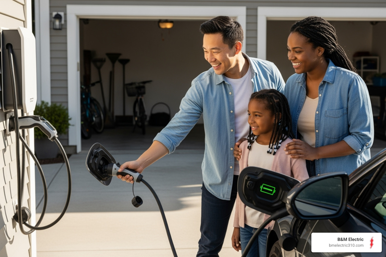 family unplugging fully charged EV in the morning - home ev charger installation south bay