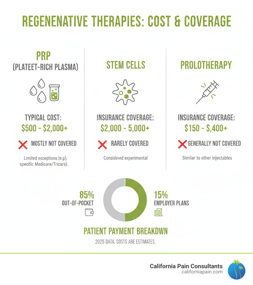 Infographic showing the three types of regenerative injection therapies (PRP, Stem Cells, Prolotherapy), their typical costs, and insurance coverage status for each across major insurance providers, with a visual breakdown of what percentage of patients pay out-of-pocket versus those with employer-sponsored coverage - is regenerative injection therapy covered by insurance infographic Infographic showing the three types of regenerative injection therapies (PRP, Stem Cells, Prolotherapy), their typical costs, and insurance coverage status for each across major insurance providers, with a visual breakdown of what percentage of patients pay out-of-pocket versus those with employer-sponsored coverage - is regenerative injection therapy covered by insurance infographic
