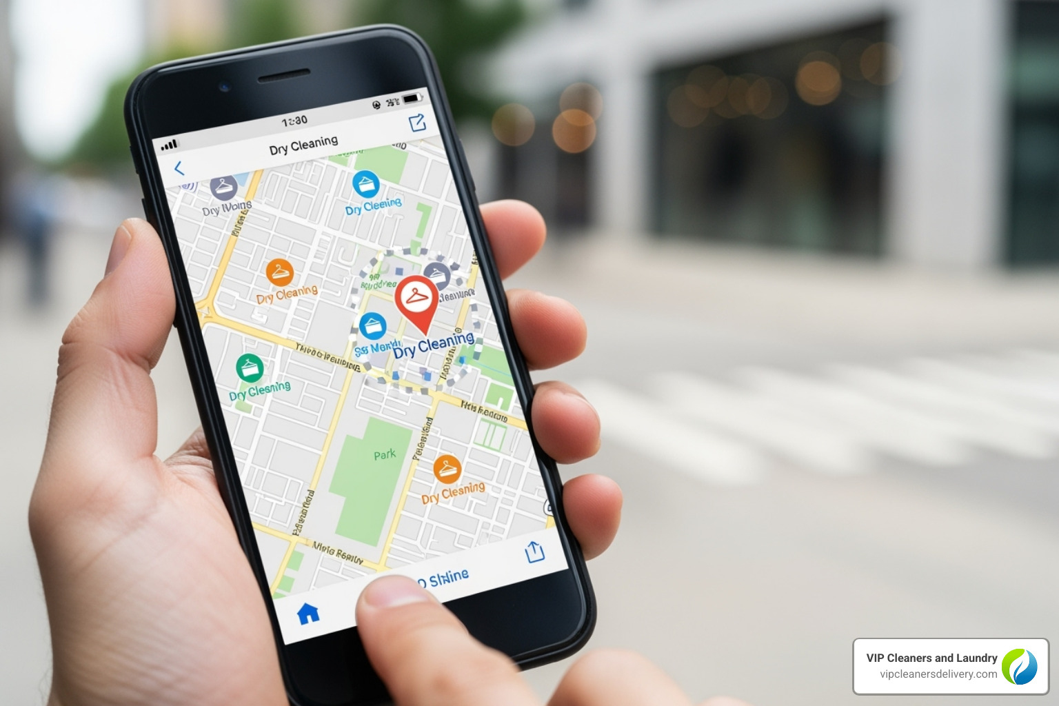A person searching for dry cleaning on their phone with a map interface - one day dry cleaning near me