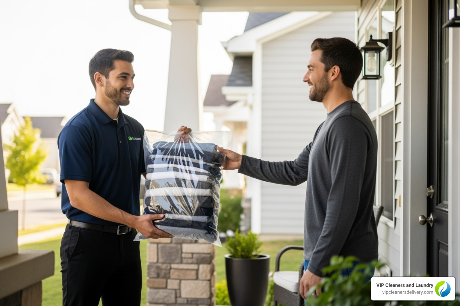 A delivery driver handing a bag of clean clothes to a customer at their door - one day dry cleaning near me