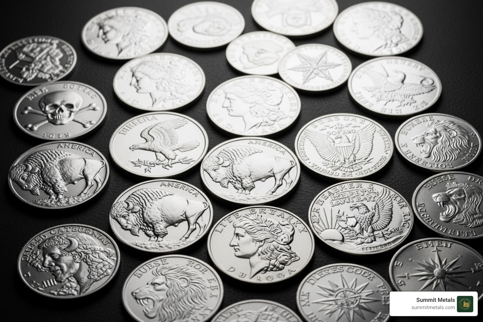 Diverse collection of silver rounds, including Buffalo, Morgan replica, and other themed designs - Silver round prices