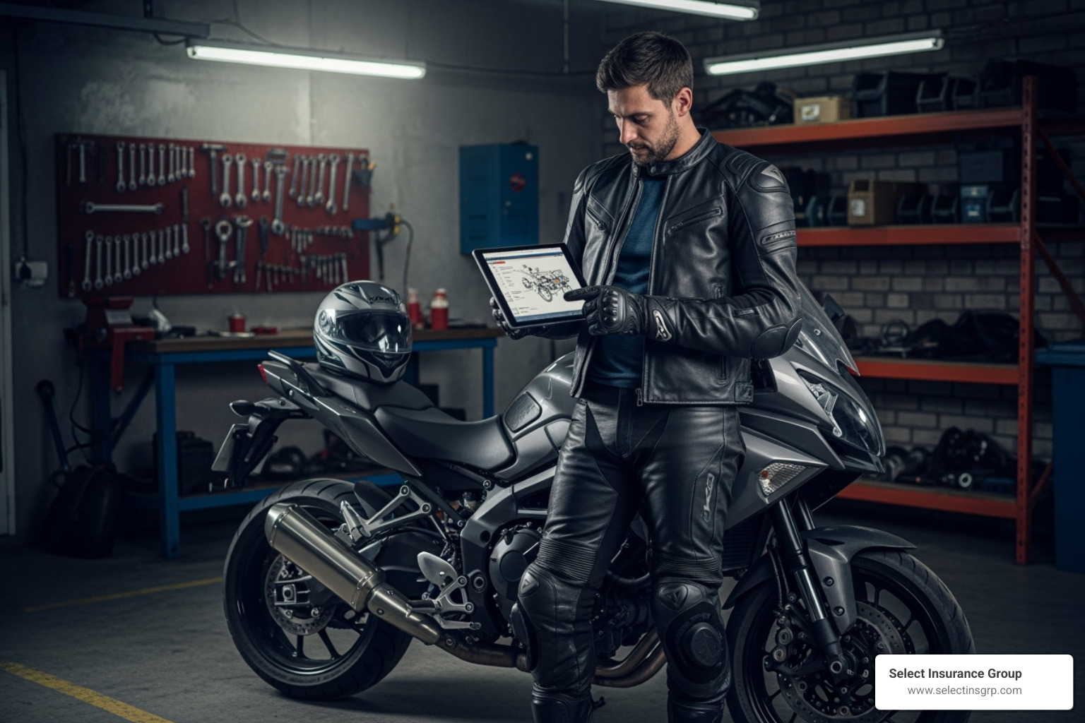 rider reviewing policy on tablet in garage - motorcycle insurance
