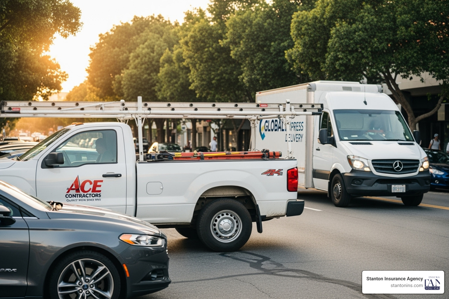 Various commercial vehicles like a contractor's pickup truck, a delivery van, and a sedan used for sales calls - Commercial auto insurance MA