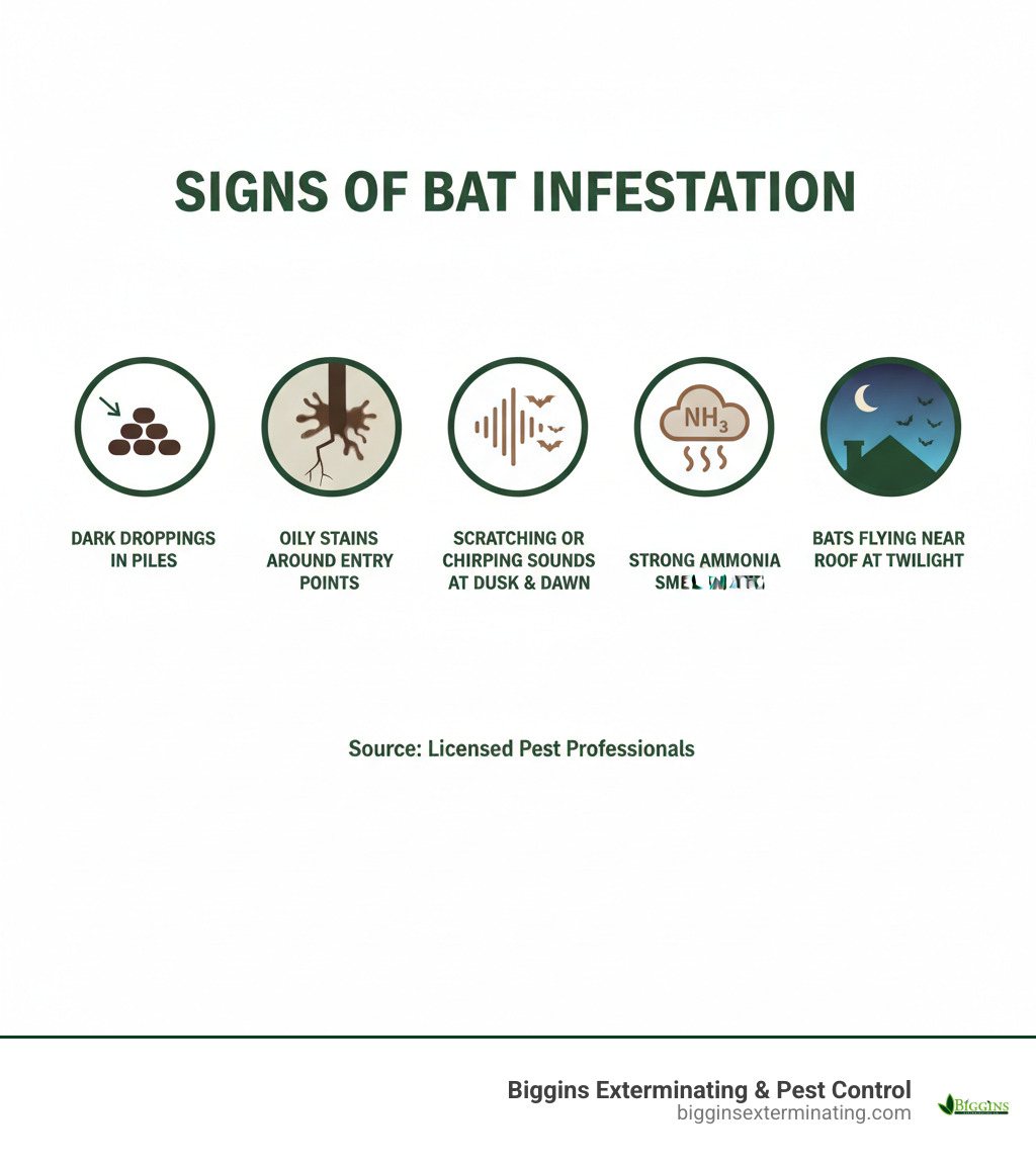 Infographic showing key signs of bat infestation: dark brown droppings in piles, oily stains around entry points, scratching or chirping sounds at dusk and dawn, strong ammonia smell in attic, and bats flying near roof at twilight - local bat exterminators infographic 