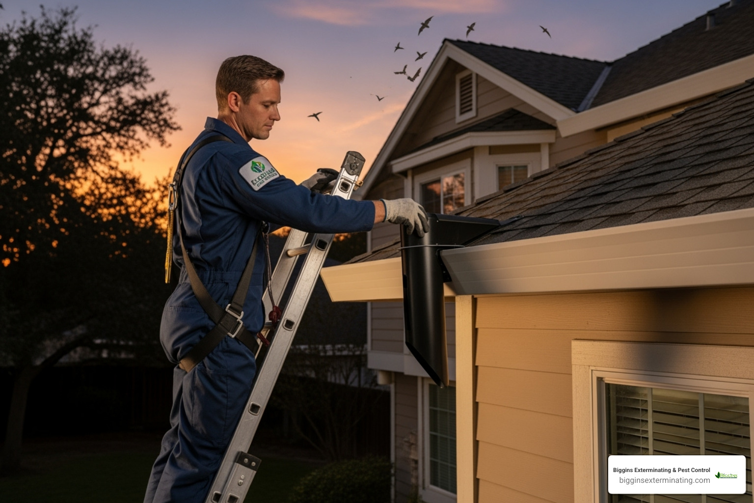 professional installing a one-way bat exclusion door on a roofline - local bat exterminators