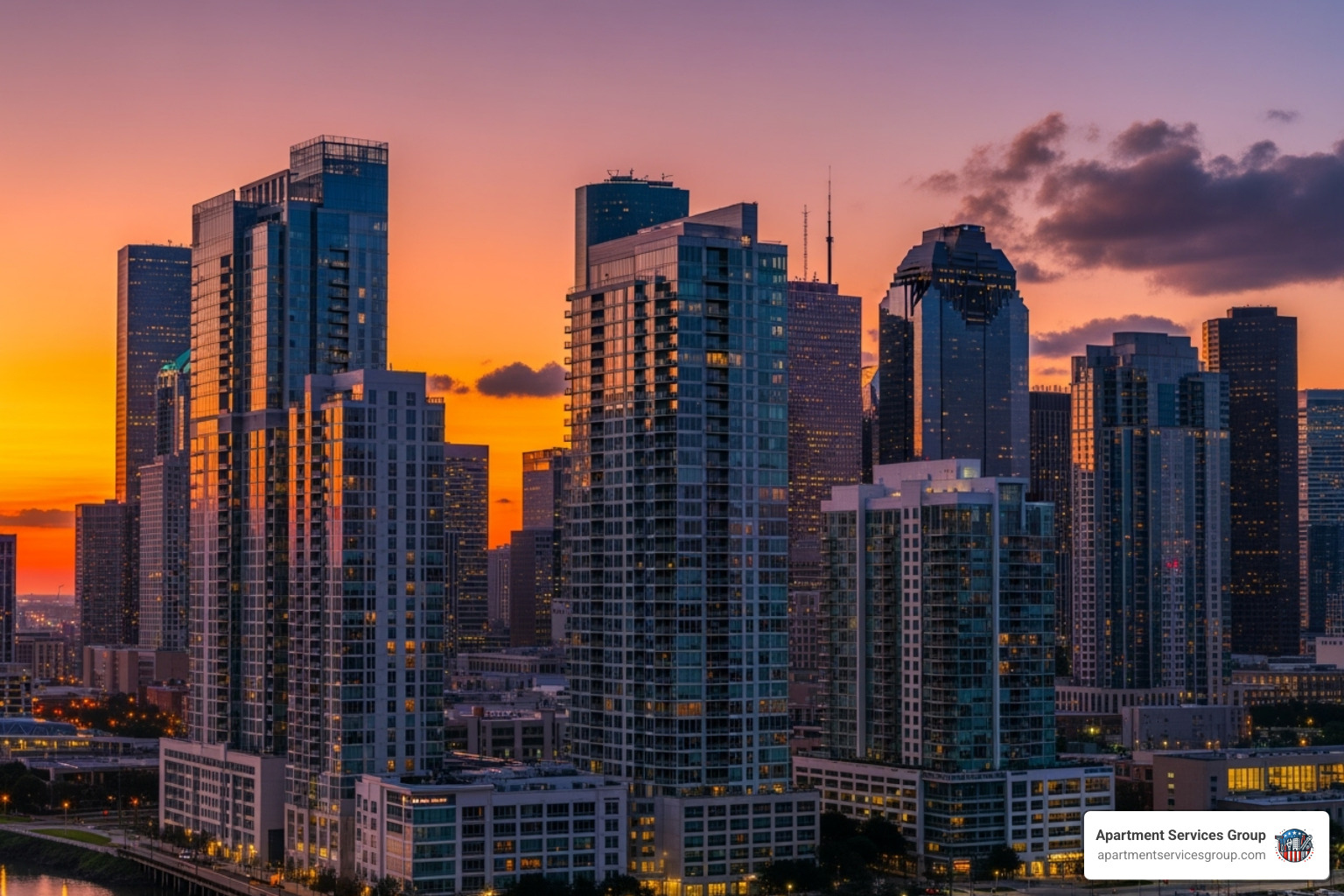Houston skyline at sunset, showing modern apartment buildings - Renovation contractors Houston