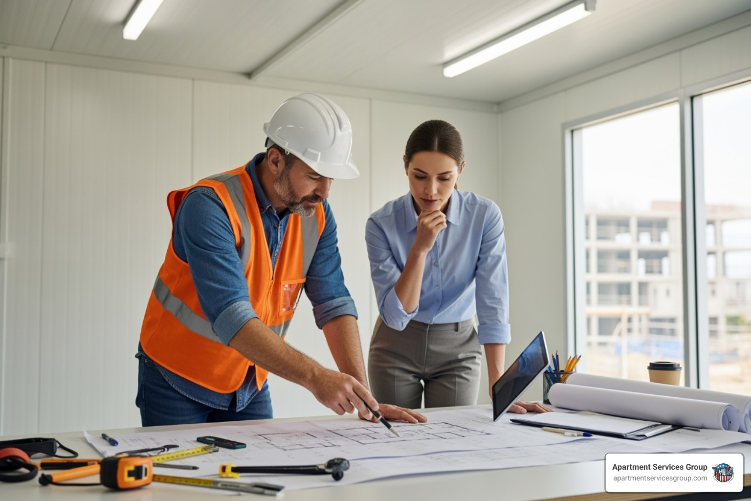 contractor and property manager reviewing blueprints - Renovation contractors Houston