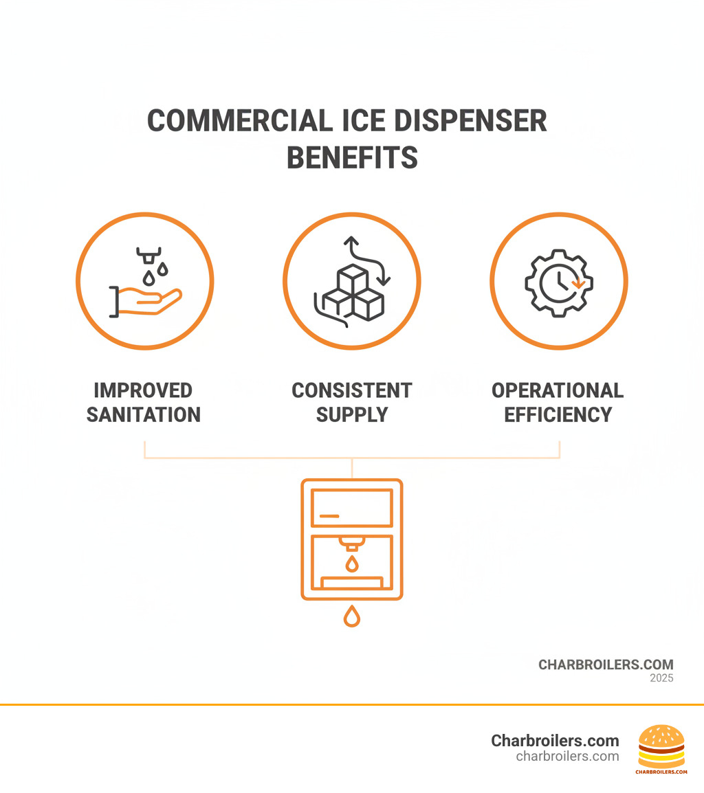 Infographic showing the three main benefits of commercial ice dispensers: improved sanitation, consistent supply, and operational efficiency - commercial ice dispenser for sale infographic 