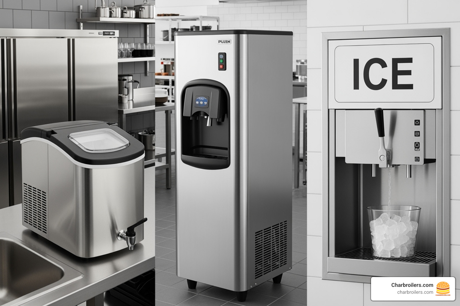 three different dispenser types side-by-side - commercial ice dispenser for sale