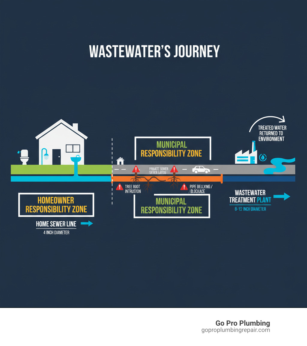 Infographic showing the path of wastewater from a home through the private sewer lateral to the city sewer main, then to the treatment plant, with labels indicating homeowner vs. municipal responsibility zones, typical pipe sizes, and common problem areas like tree root intrusion points - sewage line infographic 