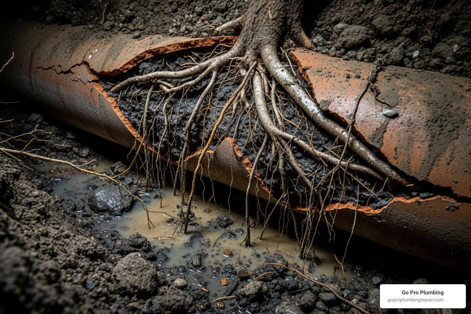 a cracked sewer pipe with tree root intrusion - sewage line