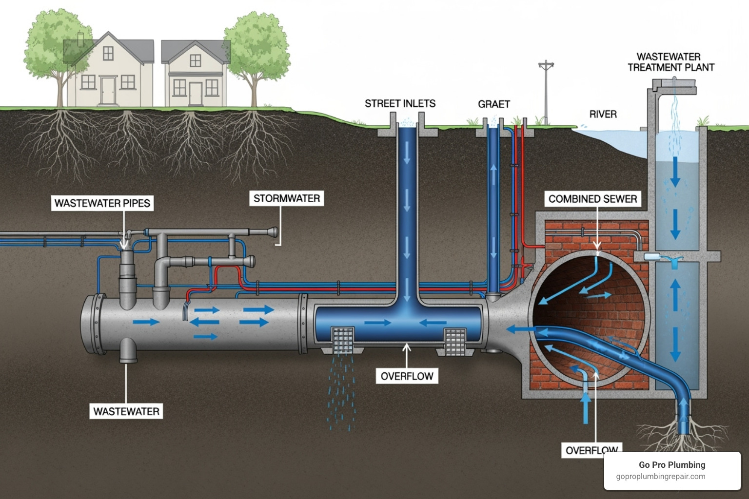 diagram illustrating the difference between sanitary, storm, and combined sewer systems - sewage line