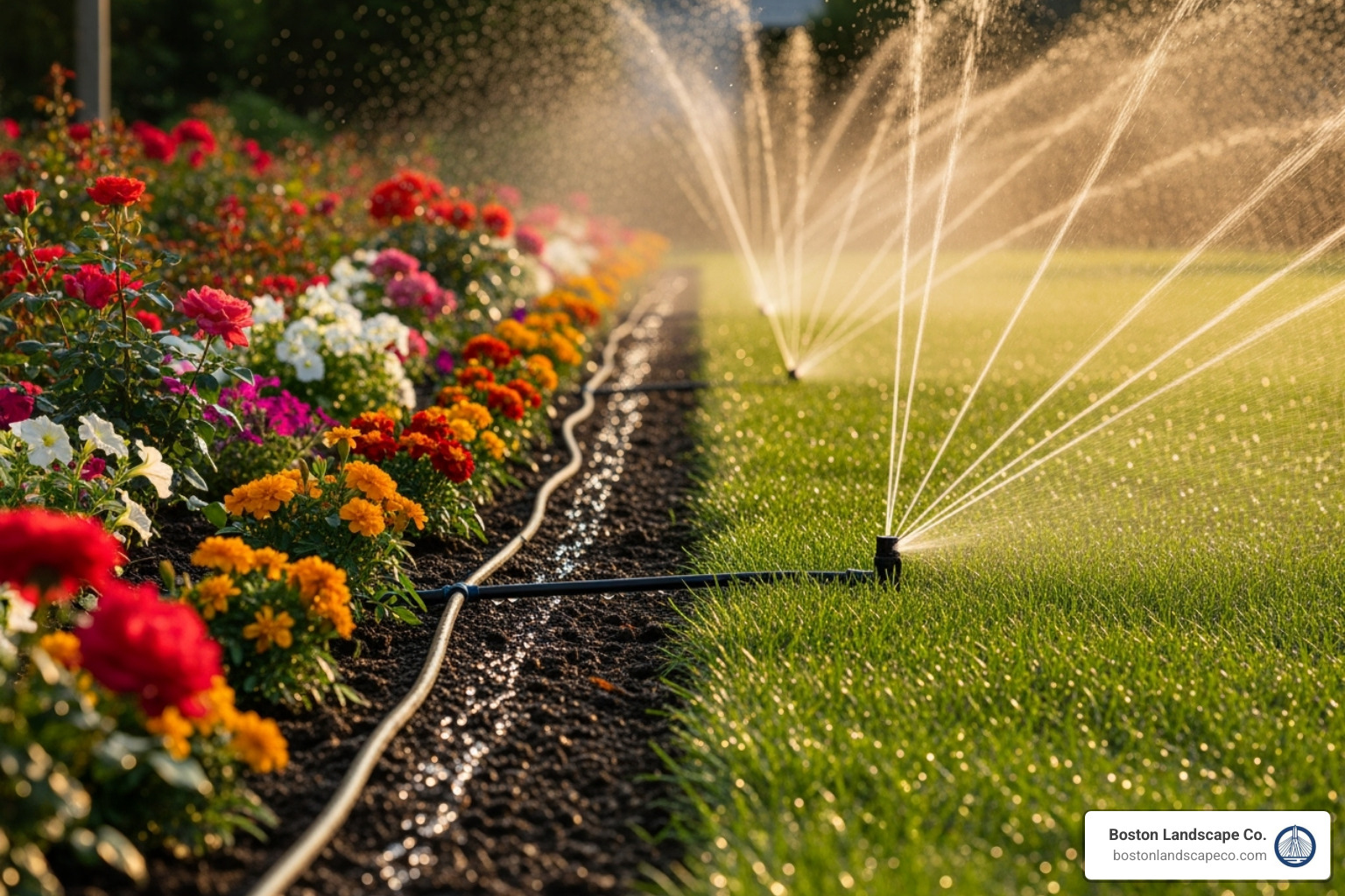 of a drip irrigation line watering a flower bed next to a lawn with pop-up sprinklers - irrigation system installers