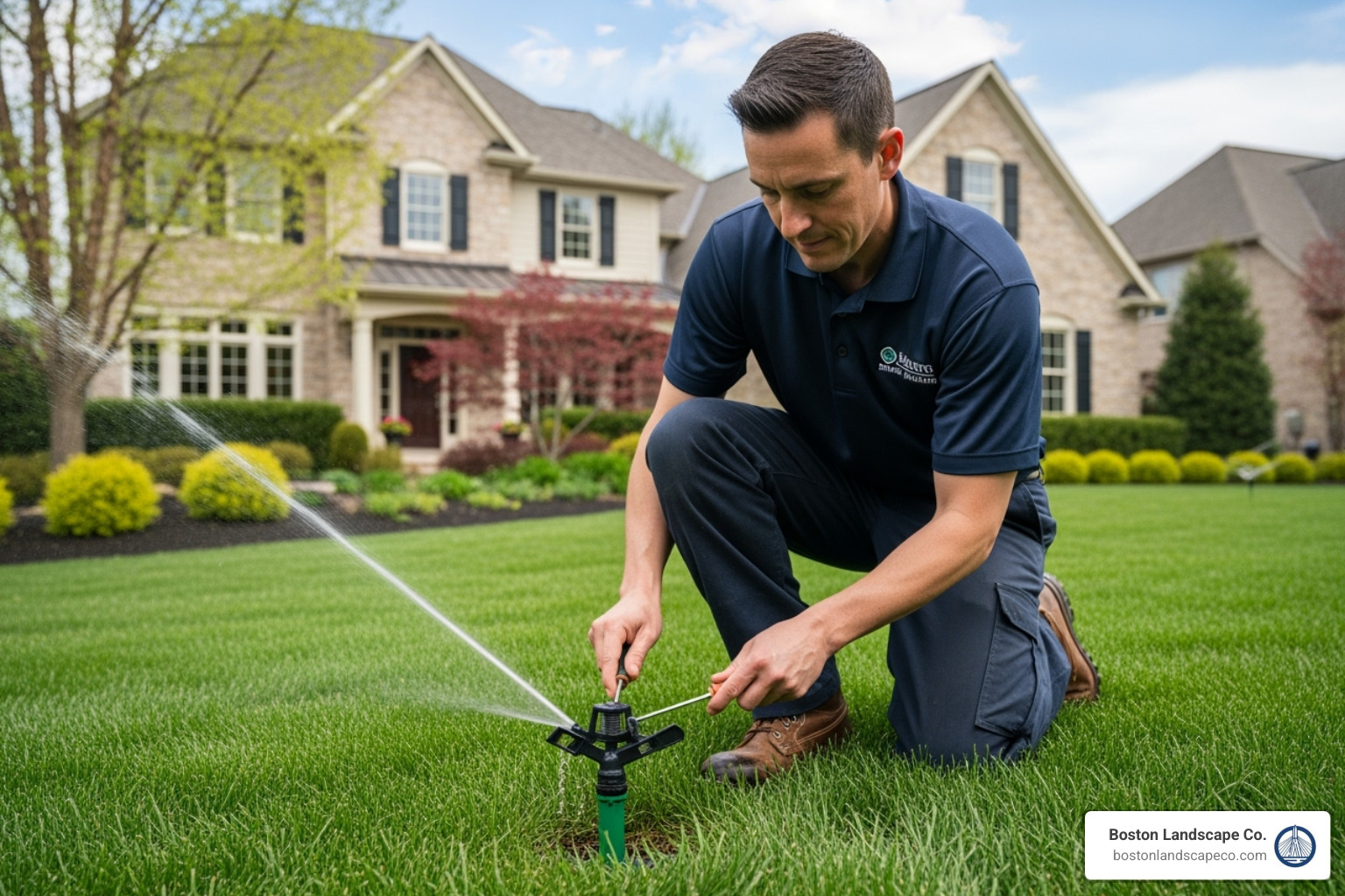 of a technician performing a spring start-up check on a sprinkler head - irrigation system installers