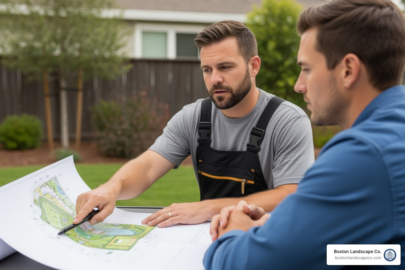 of a professional installer consulting with a homeowner, pointing at a landscape plan - irrigation system installers