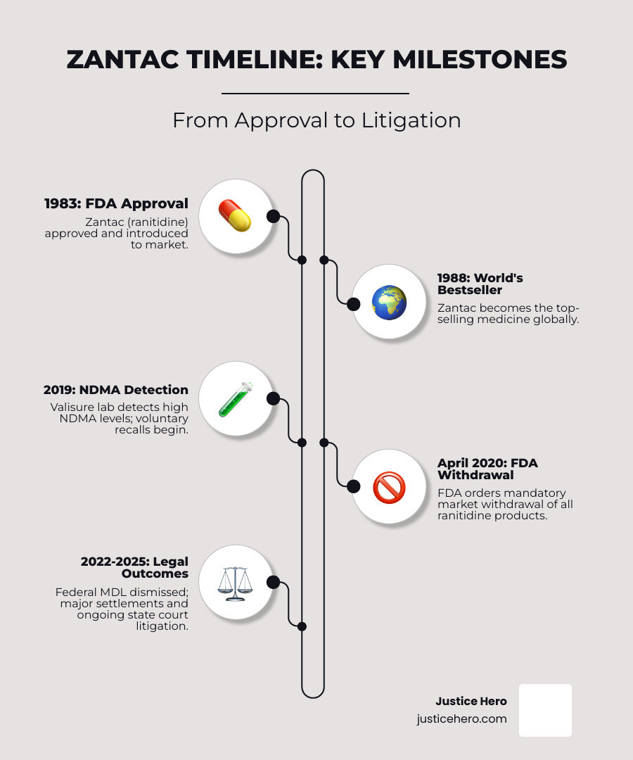 Infographic showing the Zantac timeline: 1983 FDA approval and market introduction; 1988 becomes world's best-selling medicine; 2019 Valisure lab detects high NDMA levels, voluntary recalls begin; April 2020 FDA orders mandatory market withdrawal of all ranitidine products; December 2022 Federal MDL cases dismissed; 2024-2025 Major settlements announced by GSK, Pfizer, and Sanofi while state court litigation continues - zantac lawsuit update infographic infographic-line-5-steps-elegant_beige