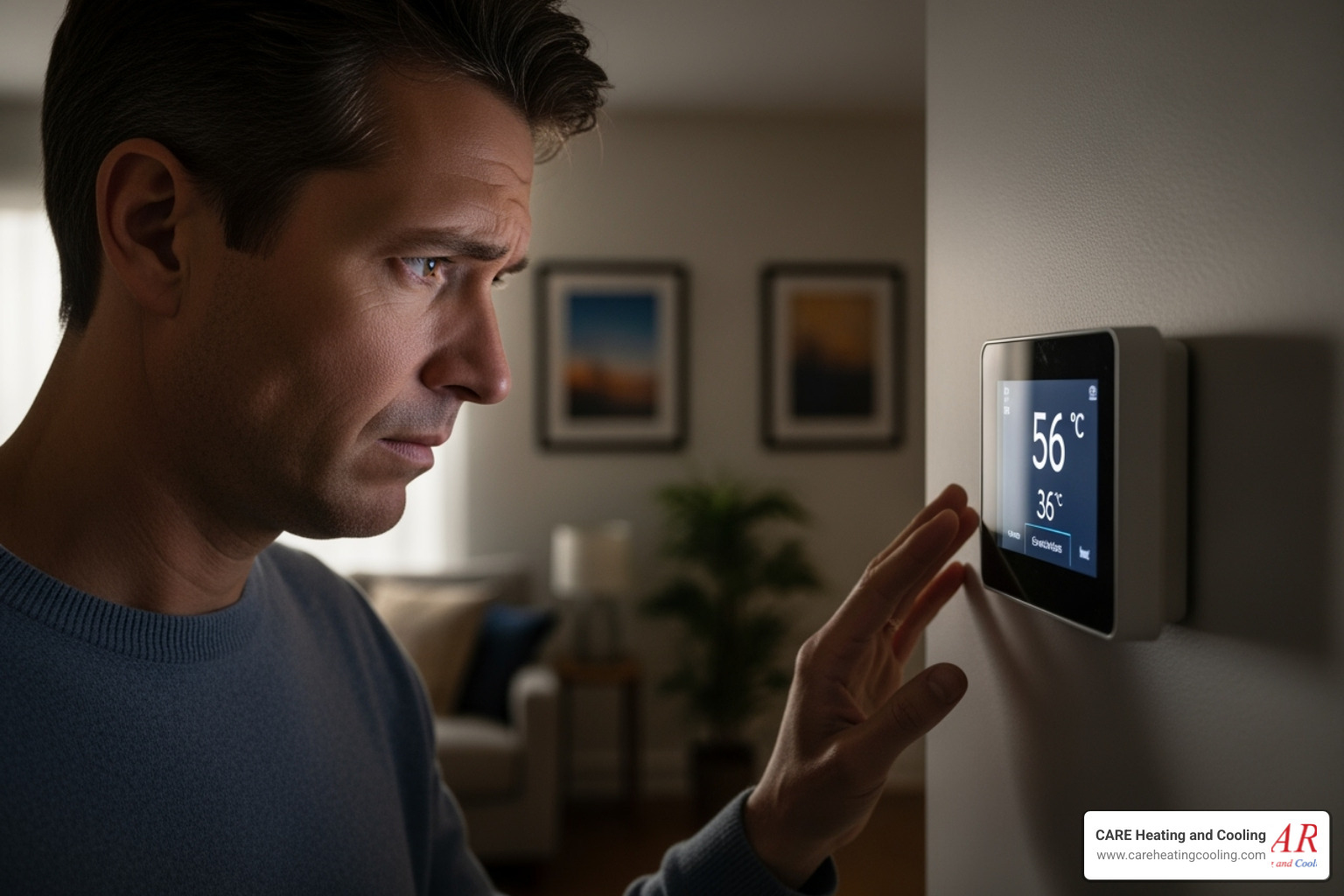 Homeowner looking at thermostat with concerned expression - residential furnace repair westerville Homeowner looking at thermostat with concerned expression - residential furnace repair westerville