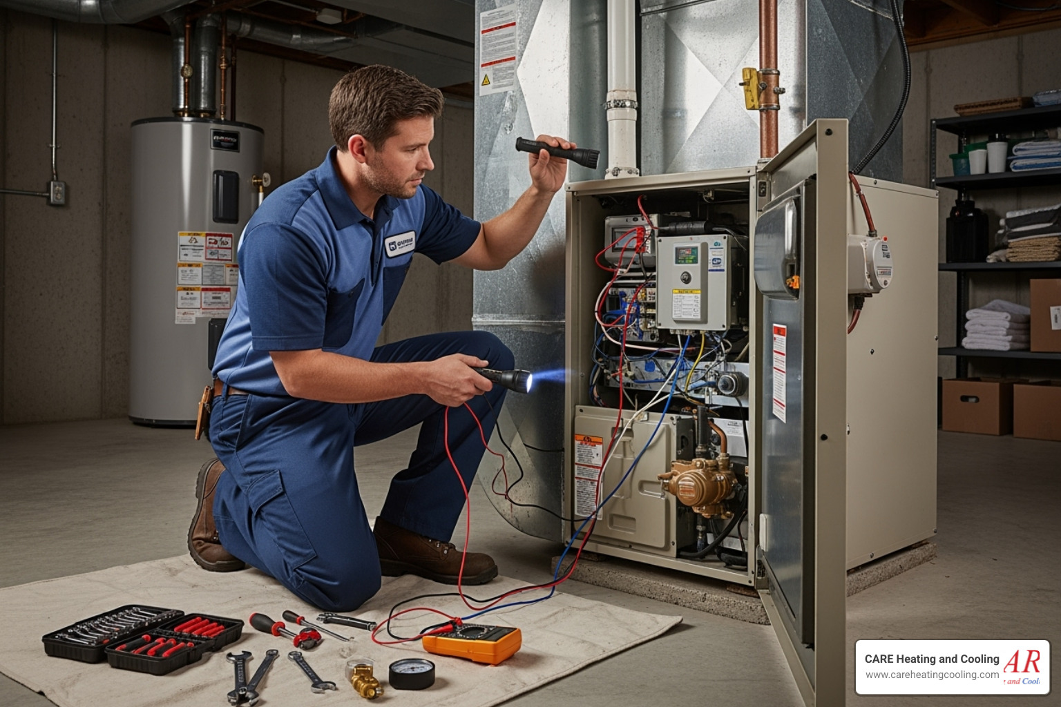 Professional technician inspecting a furnace unit - residential furnace repair westerville Professional technician inspecting a furnace unit - residential furnace repair westerville