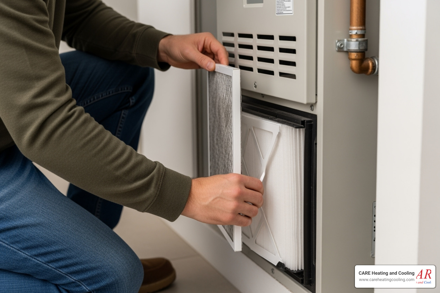 Homeowner changing a furnace air filter - residential furnace repair westerville Homeowner changing a furnace air filter - residential furnace repair westerville