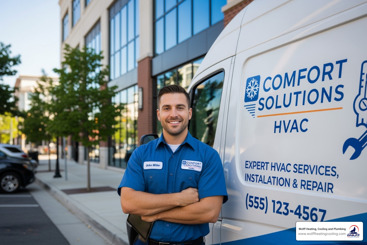 Professional, friendly Wolff Heating, Cooling, and Plumbing technician standing by a service vehicle - commercial air conditioning repair rio rancho Professional, friendly Wolff Heating, Cooling, and Plumbing technician standing by a service vehicle - commercial air conditioning repair rio rancho