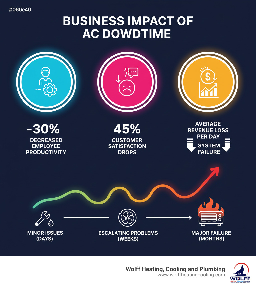 infographic showing the business impact of AC downtime including decreased employee productivity by 30%, customer satisfaction drops of 45%, and average revenue loss per day of system failure, with timeline showing minor issues escalating to major failures over weeks - commercial air conditioning repair rio rancho infographic infographic showing the business impact of AC downtime including decreased employee productivity by 30%, customer satisfaction drops of 45%, and average revenue loss per day of system failure, with timeline showing minor issues escalating to major failures over weeks - commercial air conditioning repair rio rancho infographic