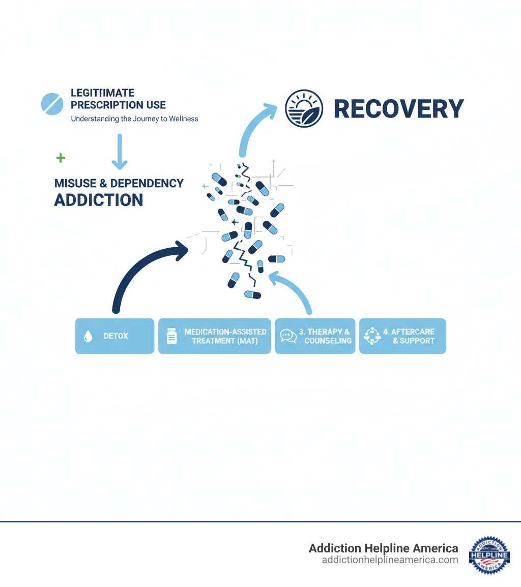 infographic showing the progression from legitimate prescription use to misuse, dependency, and addiction, with treatment pathways including detox, medication-assisted treatment, therapy, and aftercare leading to recovery - Prescription Drugs Treatment infographic 