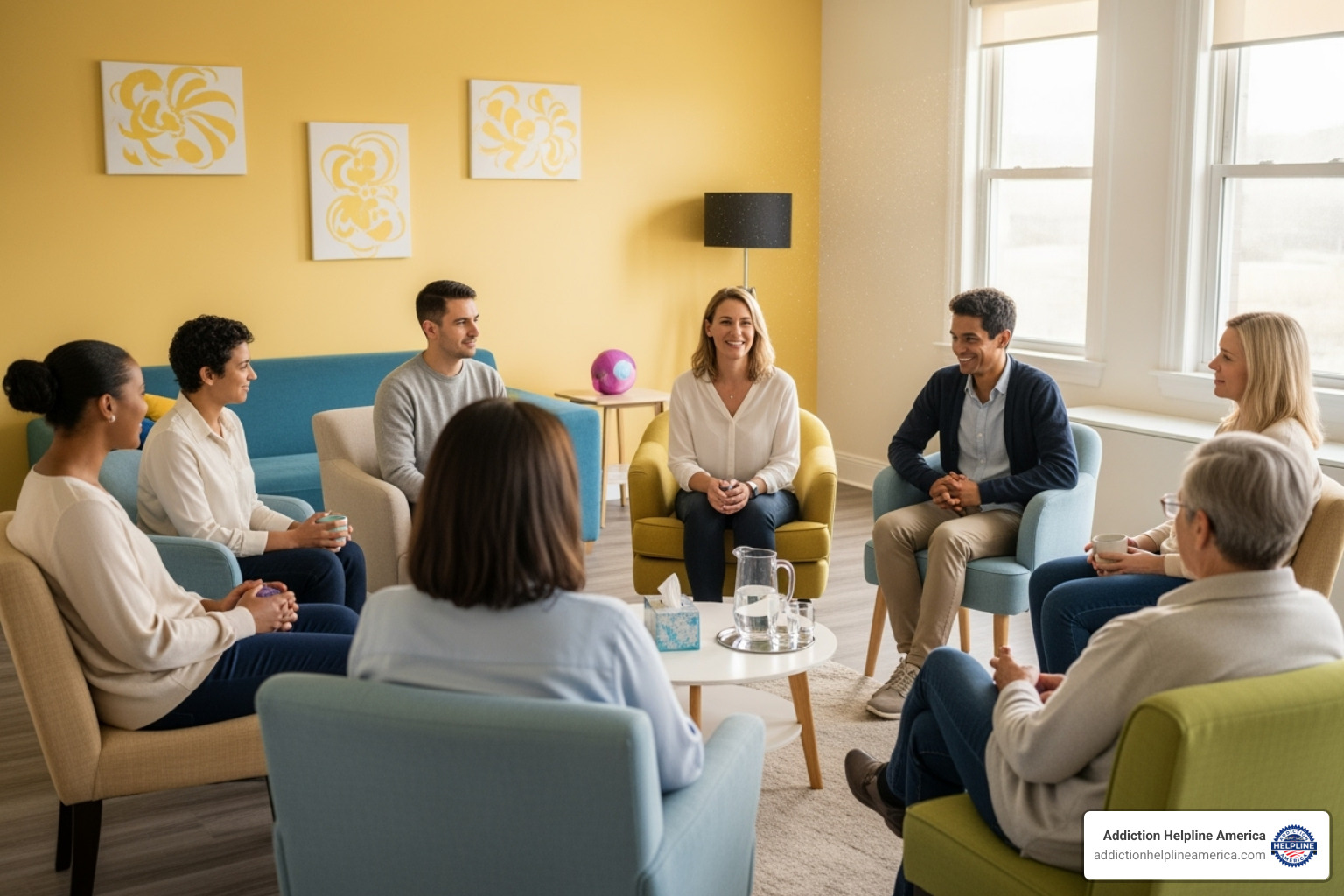 A diverse group of people sitting in a circle, engaged in discussion, in a bright and welcoming support group setting - drug rehab in Virginia