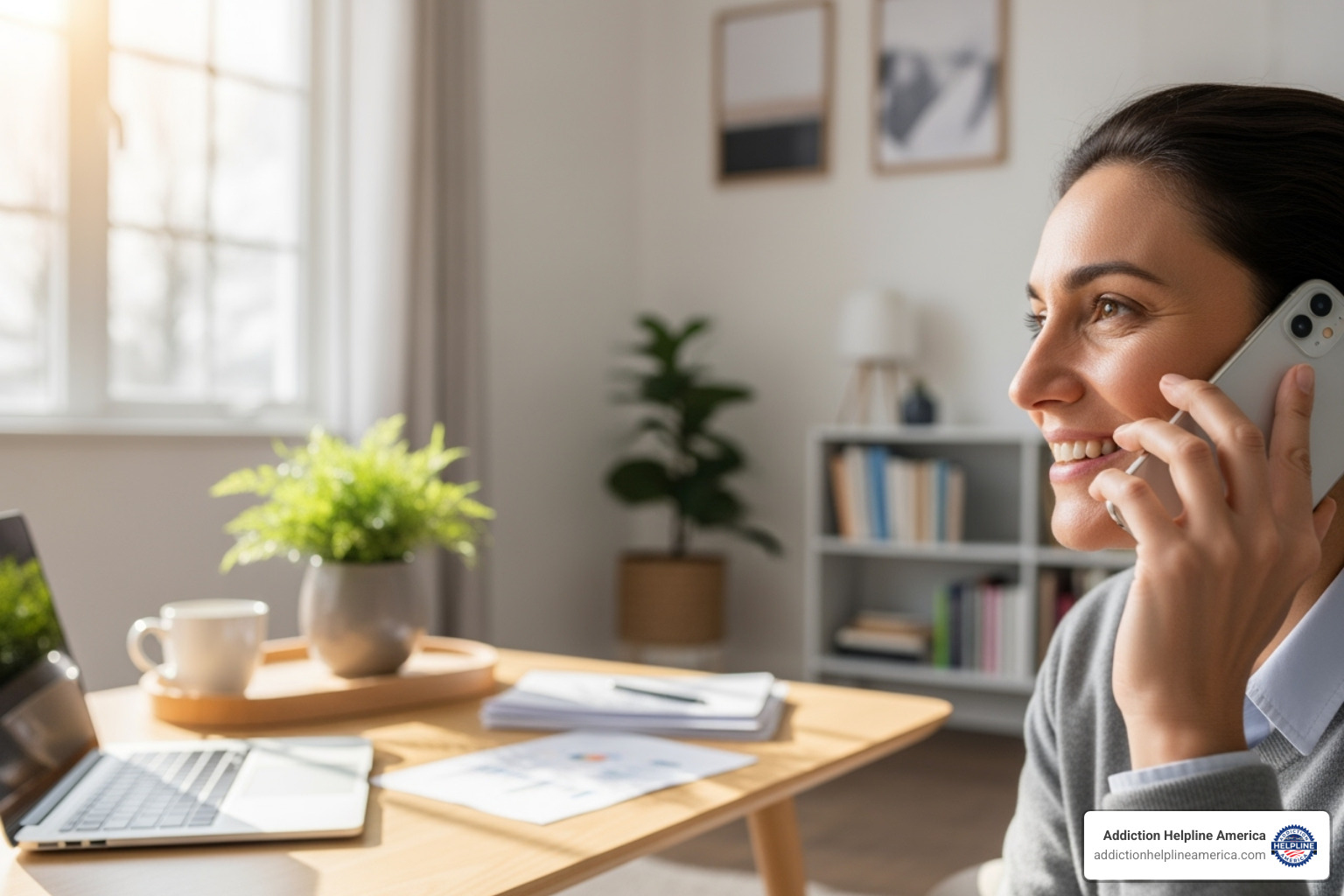 A person on the phone, smiling and looking relieved, while discussing insurance and financial options for addiction treatment - drug rehab in Virginia