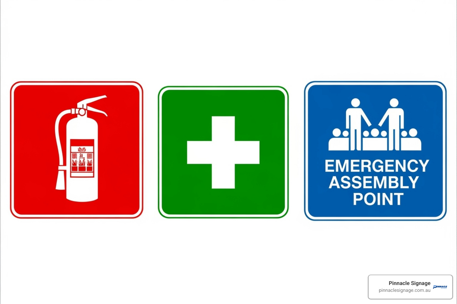 A collage showing a fire extinguisher sign, a first aid station sign, and a muster point sign. - signage East Wagga Wagga A collage showing a fire extinguisher sign, a first aid station sign, and a muster point sign. - signage East Wagga Wagga