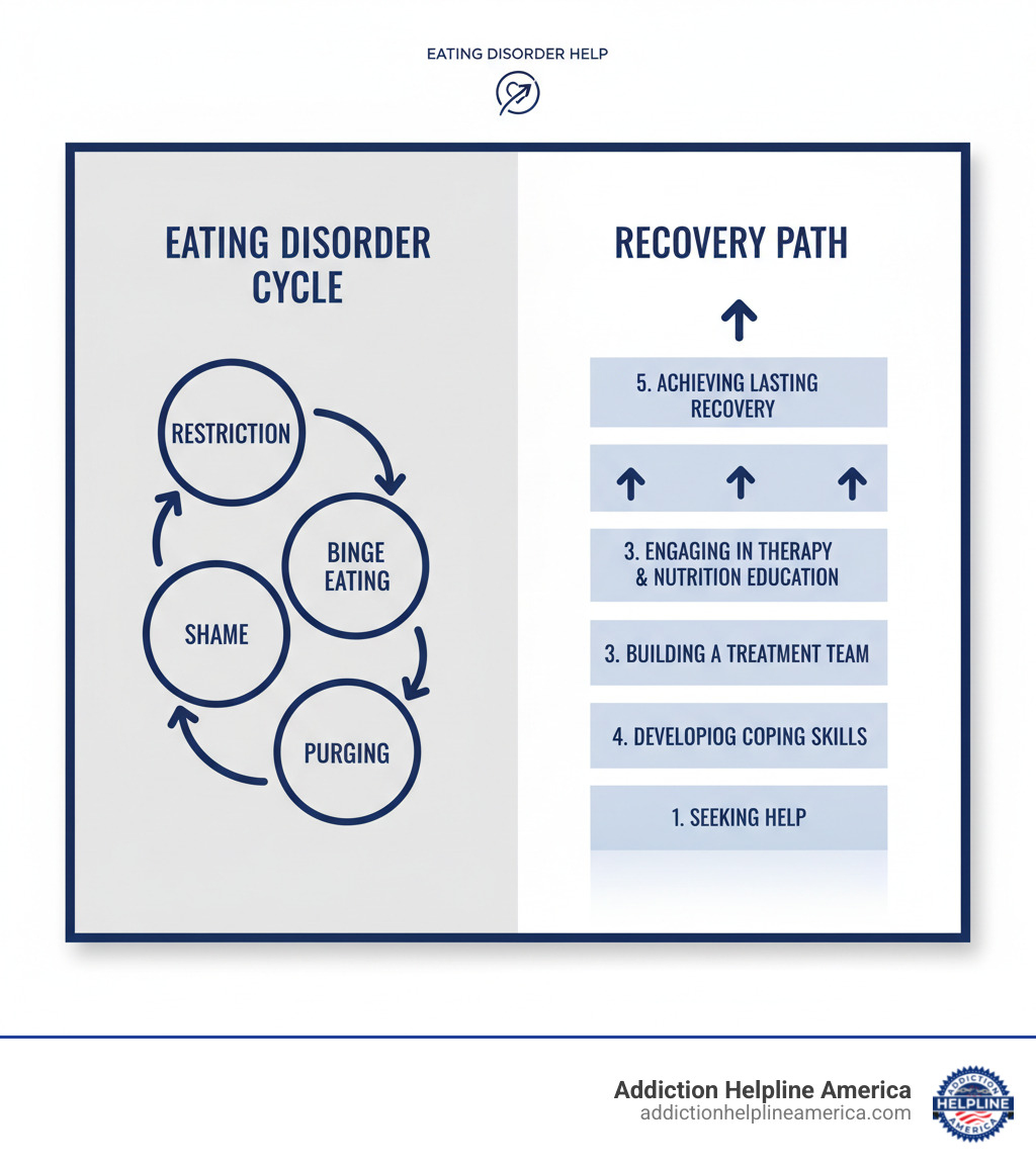infographic showing the cycle of an eating disorder on the left side with arrows connecting restriction, binge eating, purging, and shame in a circular pattern, and on the right side showing the recovery path with arrows moving upward through stages: seeking help, building a treatment team, engaging in therapy and nutrition education, developing coping skills, and achieving lasting recovery - eating disorder help infographic 