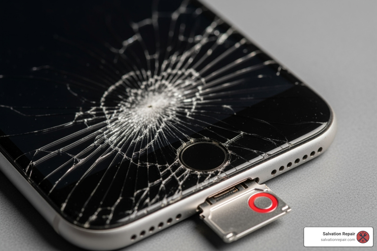 iPhone with a cracked screen and water damage indicator - iPhone no power repair