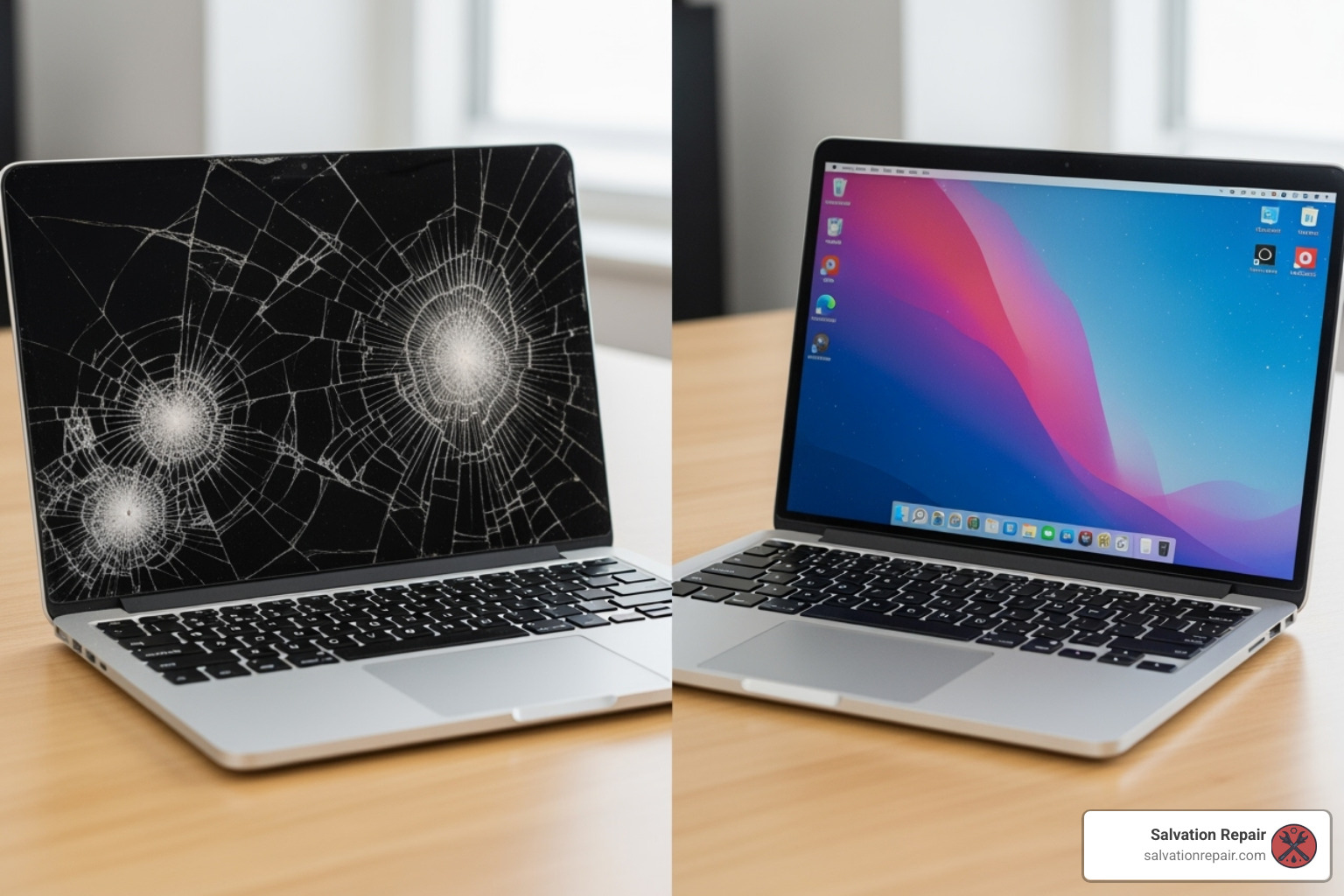 of a cracked laptop screen next to a repaired one - computer repair laurel