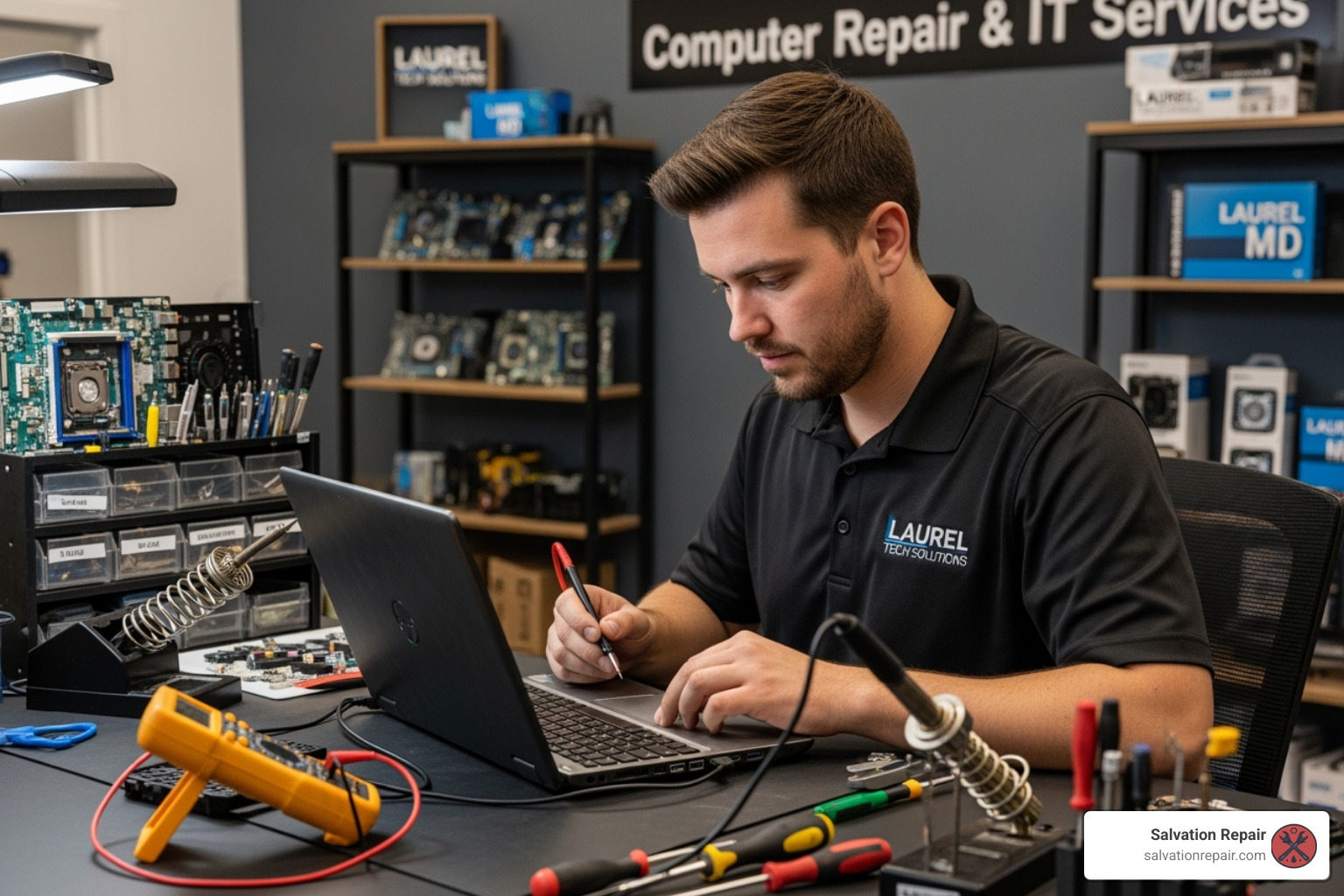 happy customer reviewing computer repair service - computer repair laurel