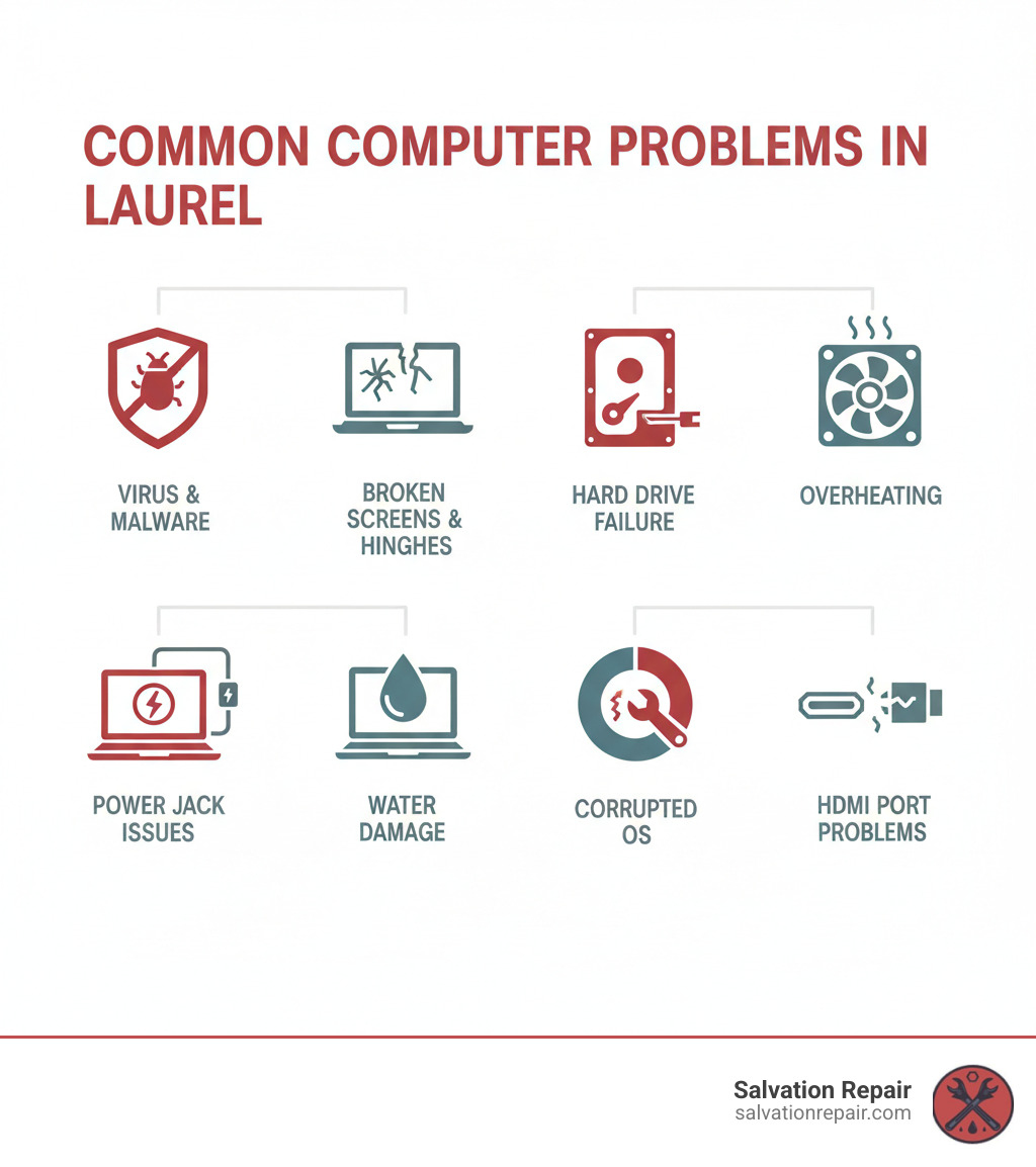 Infographic showing the most common computer problems in Laurel: virus and malware infections requiring removal and tune-ups, broken screens and damaged hinges needing replacement, hard drive failures causing slow performance and data loss, overheating from malfunctioning fans, power jack issues preventing charging, water damage requiring immediate professional attention, corrupted operating systems needing reinstallation, and HDMI port problems affecting connectivity - computer repair laurel infographic 