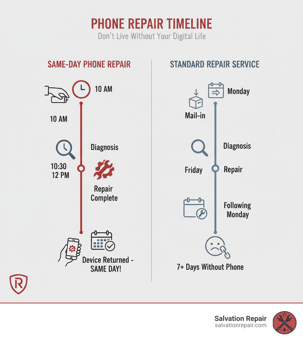 Infographic comparing same-day phone repair timeline (drop-off at 10 AM, diagnosis by 10:30 AM, repair complete by 12 PM, device returned same day) versus standard repair service (mail-in on Monday, diagnosis Wednesday, repair Friday, device returned following Monday - 7+ days without phone) - phone repair same day infographic 