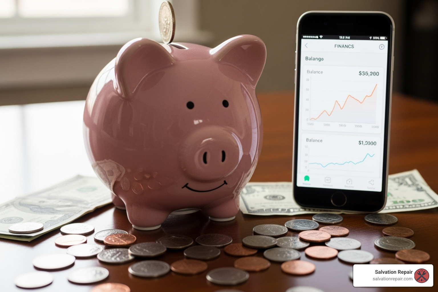a piggy bank next to a smartphone, illustrating savings - phone repair same day