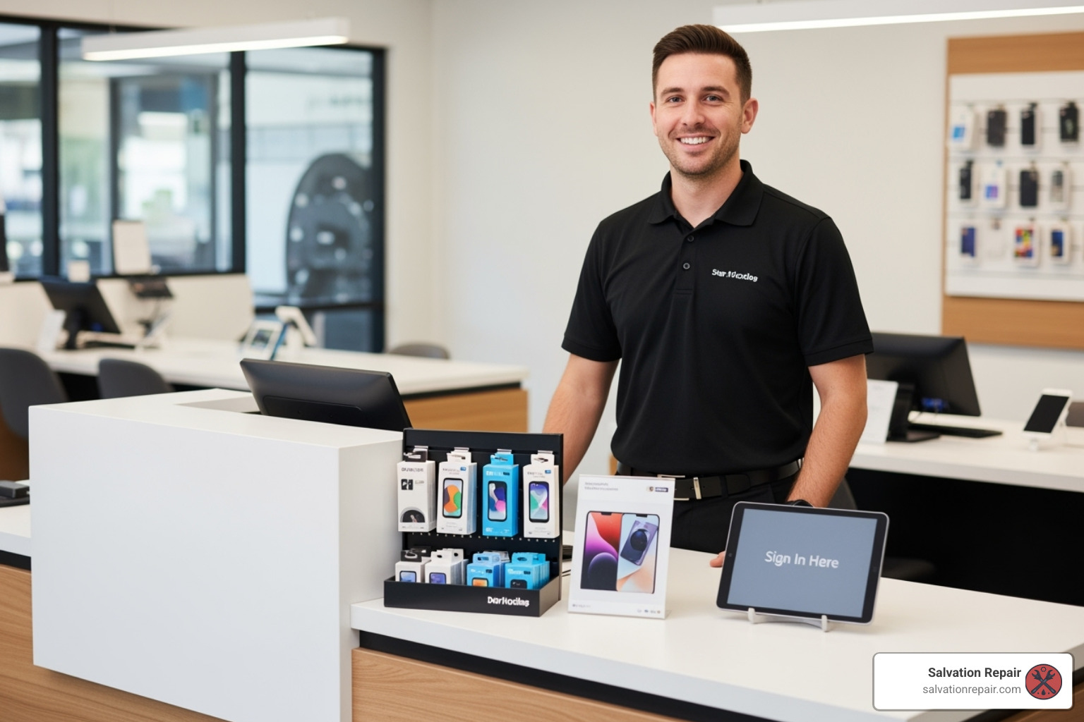 a customer service desk at a clean, professional repair shop - phone repair same day