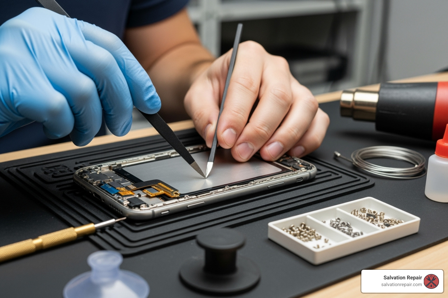 a technician's hands carefully replacing a phone screen - phone repair same day