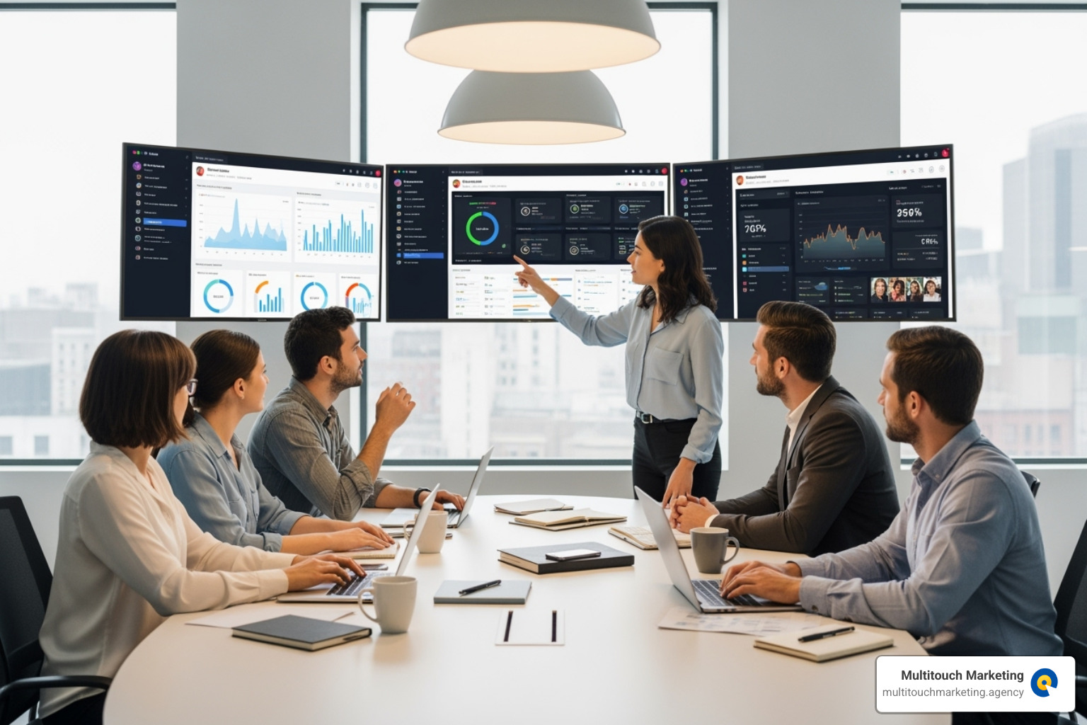 A marketing team collaborating around a table with social media dashboards on screens - social media agency durham