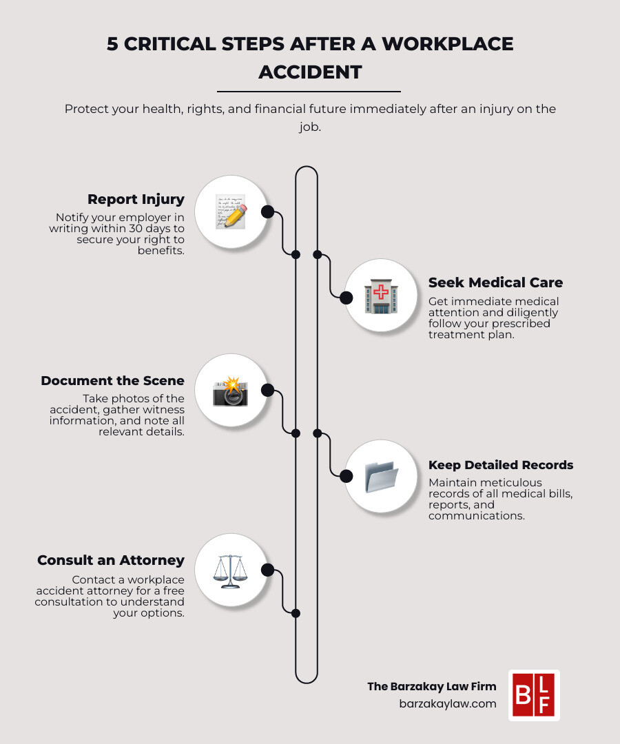 infographic showing the 5 critical steps after a workplace accident: 1. Report injury to employer to writing within 30 days, 2. Seek immediate medical attention and follow treatment plan, 3. Document the accident scene with photos and witness information, 4. Keep detailed records of all medical bills and communications, 5. Contact a workplace accident attorney for a free consultation - workplace accident attorney infographic infographic-line-5-steps-elegant_beige infographic showing the 5 critical steps after a workplace accident: 1. Report injury to employer to writing within 30 days, 2. Seek immediate medical attention and follow treatment plan, 3. Document the accident scene with photos and witness information, 4. Keep detailed records of all medical bills and communications, 5. Contact a workplace accident attorney for a free consultation - workplace accident attorney infographic infographic-line-5-steps-elegant_beige