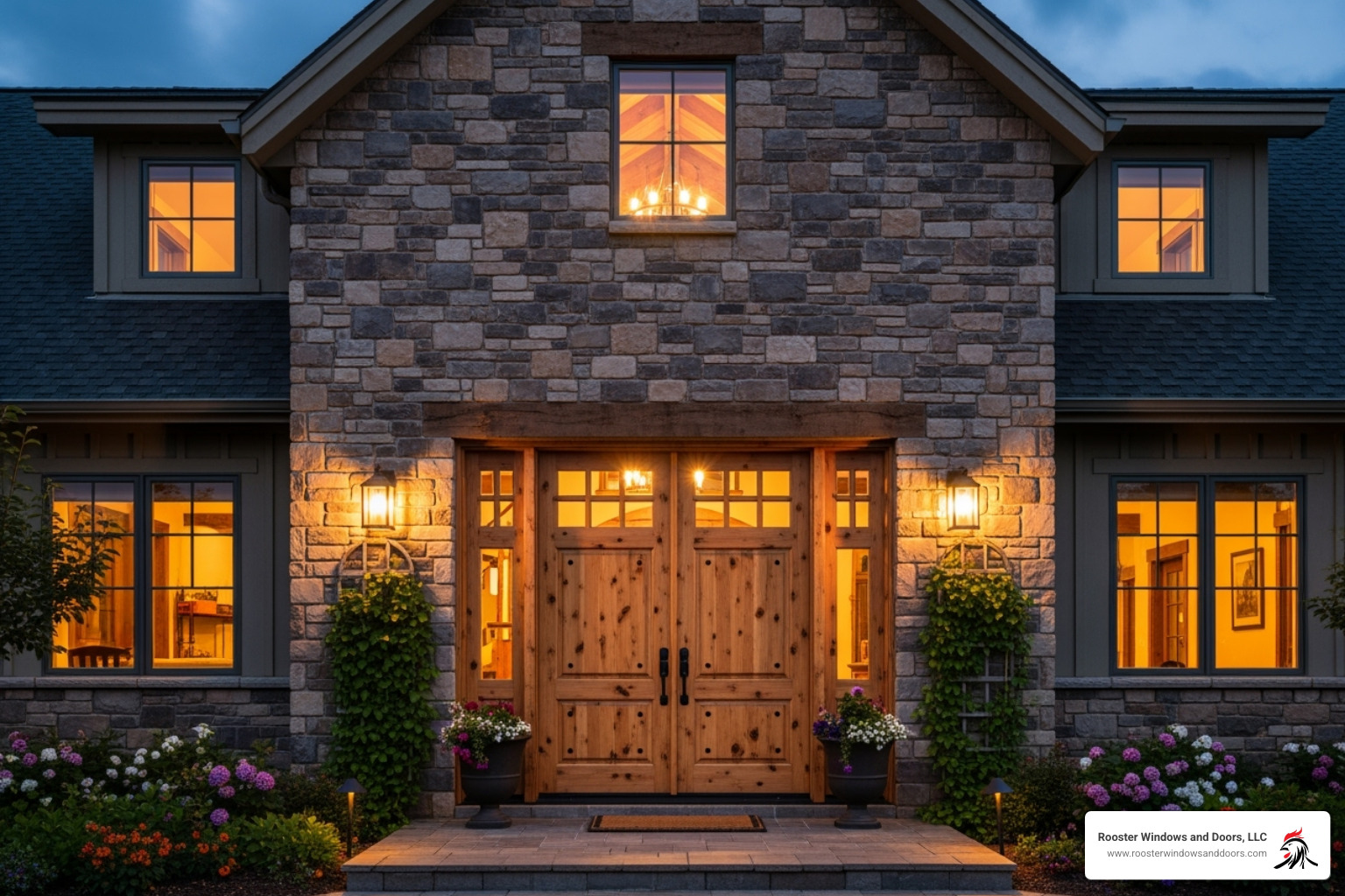 A rustic farmhouse with knotty alder double doors, stone facade, and warm lighting. - custom front double doors