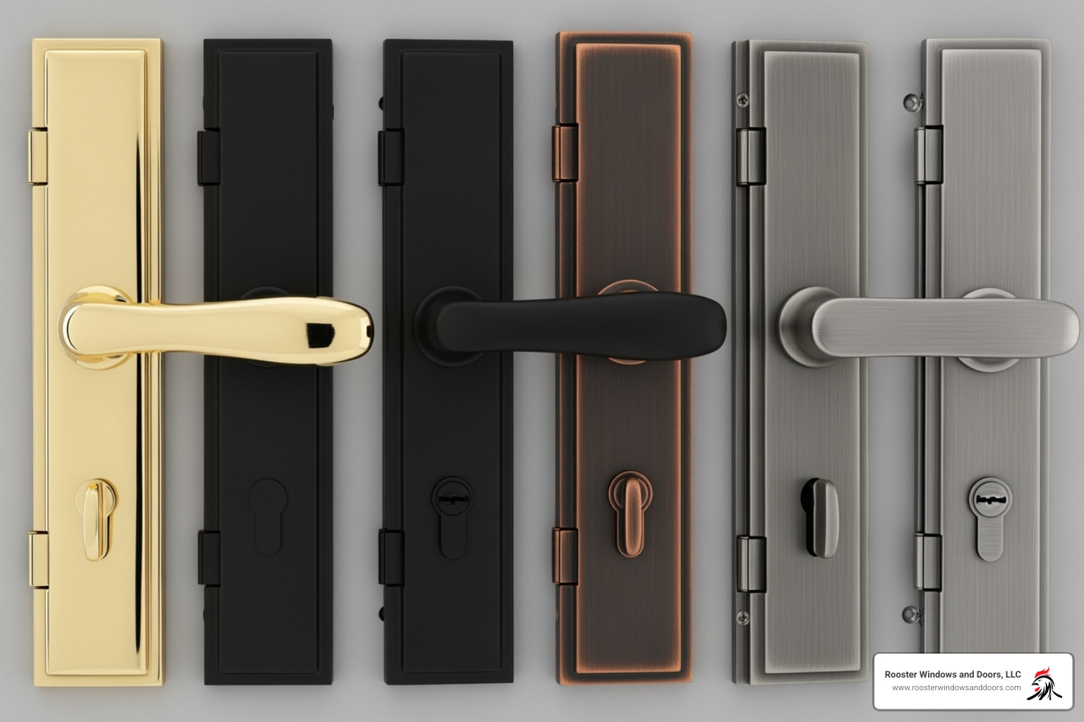 Various door hardware finishes including polished brass, matte black, oil-rubbed bronze, and brushed nickel. - custom front double doors