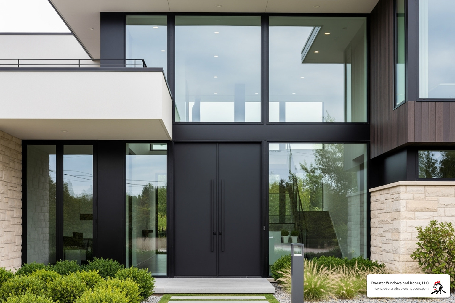 A modern home with sleek, minimalist black double doors, large windows, and clean lines. - custom front double doors