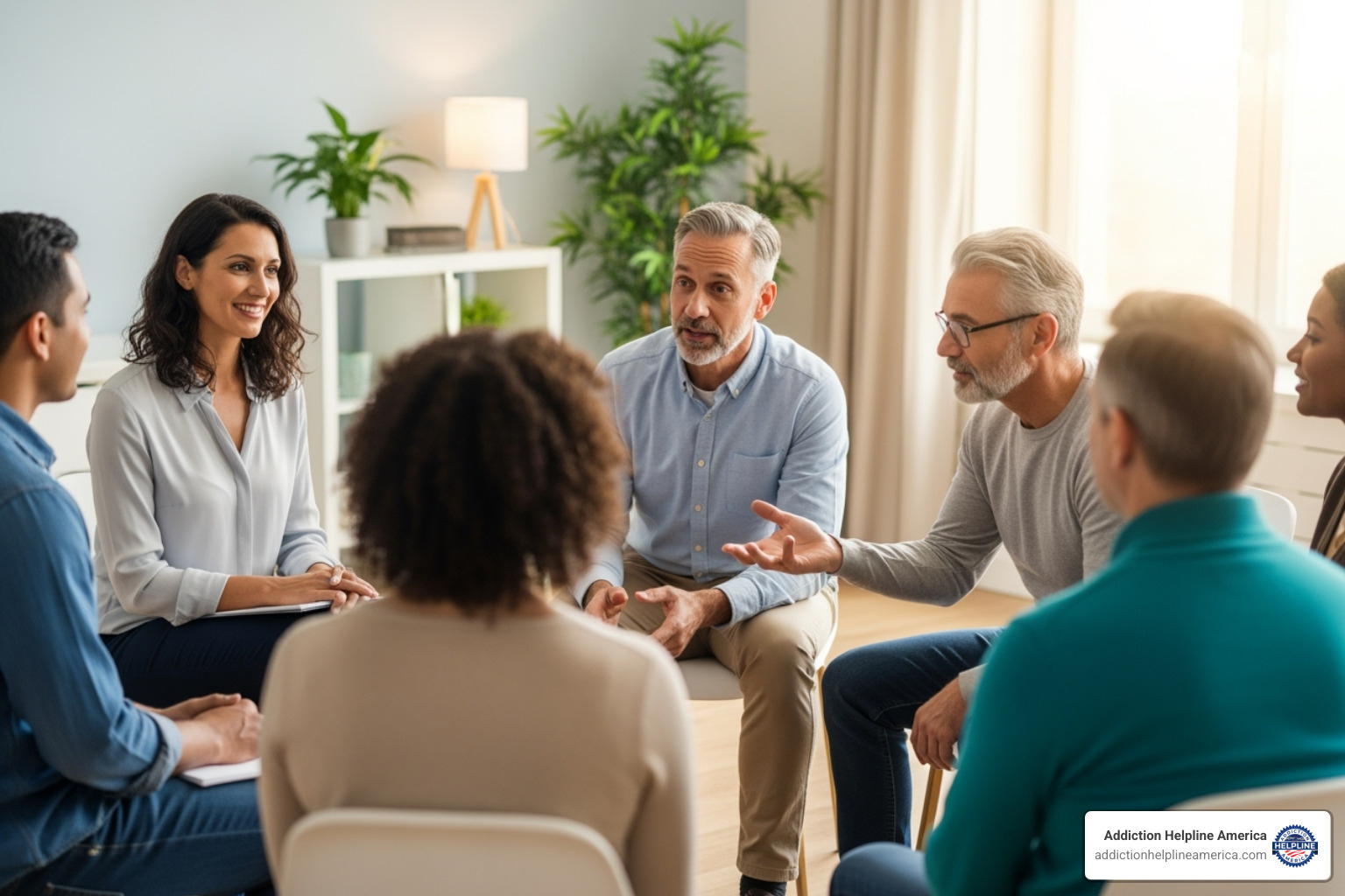 A therapist facilitating a small group discussion with 5-6 participants in a supportive setting - Group therapy Pasadena A therapist facilitating a small group discussion with 5-6 participants in a supportive setting - Group therapy Pasadena