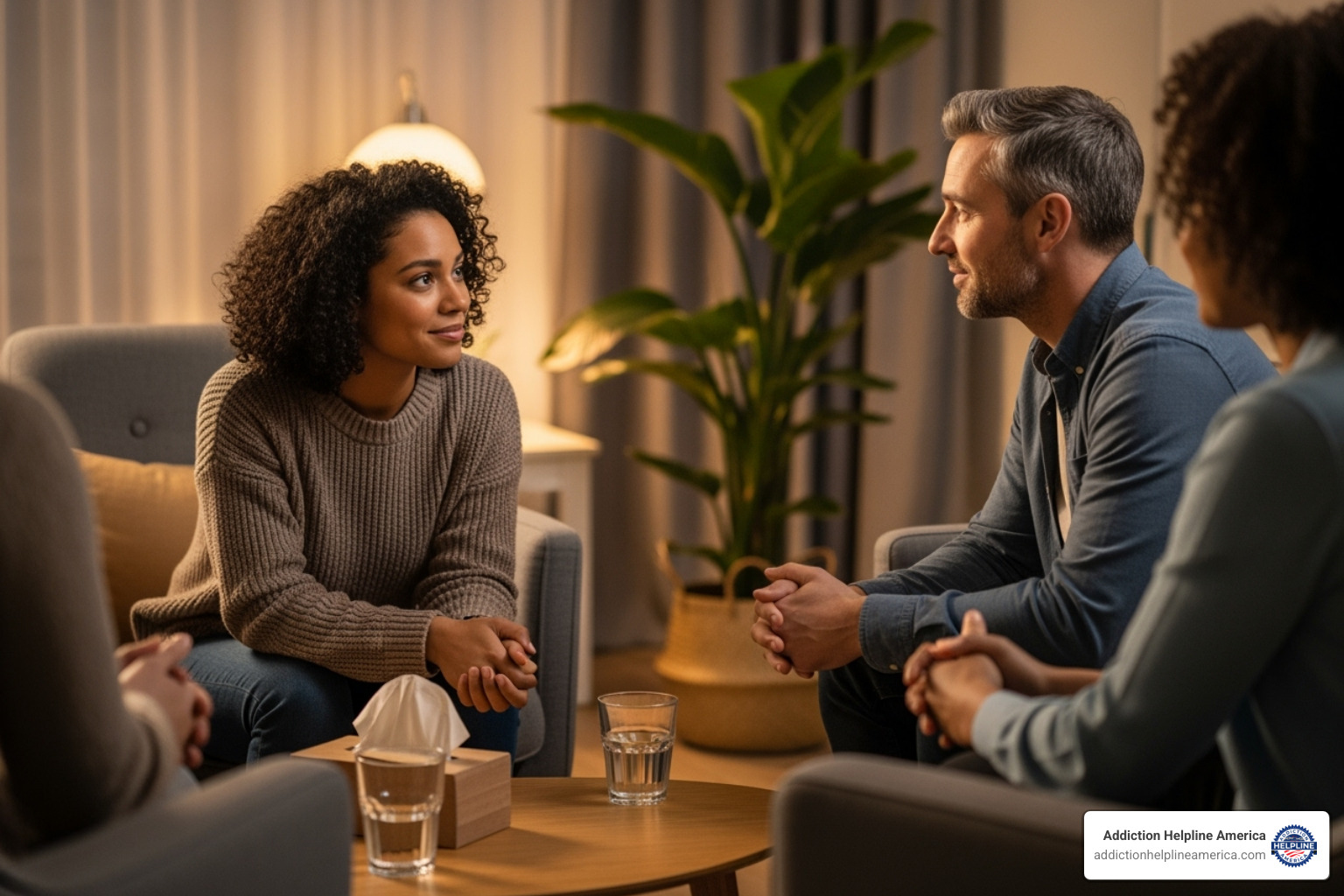 Two individuals in a group setting engaging in an empathetic conversation, showing mutual understanding and support - Group therapy Pasadena Two individuals in a group setting engaging in an empathetic conversation, showing mutual understanding and support - Group therapy Pasadena