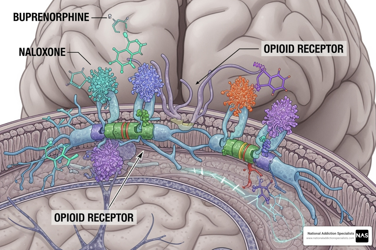 illustration of suboxone's ingredients buprenorphine and naloxone working on brain receptors - suboxone doctors online illustration of suboxone's ingredients buprenorphine and naloxone working on brain receptors - suboxone doctors online