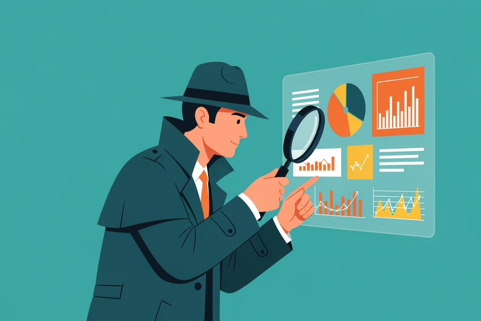 A detective with a magnifying glass looking at a dashboard with charts - How to reduce churn A detective with a magnifying glass looking at a dashboard with charts - How to reduce churn