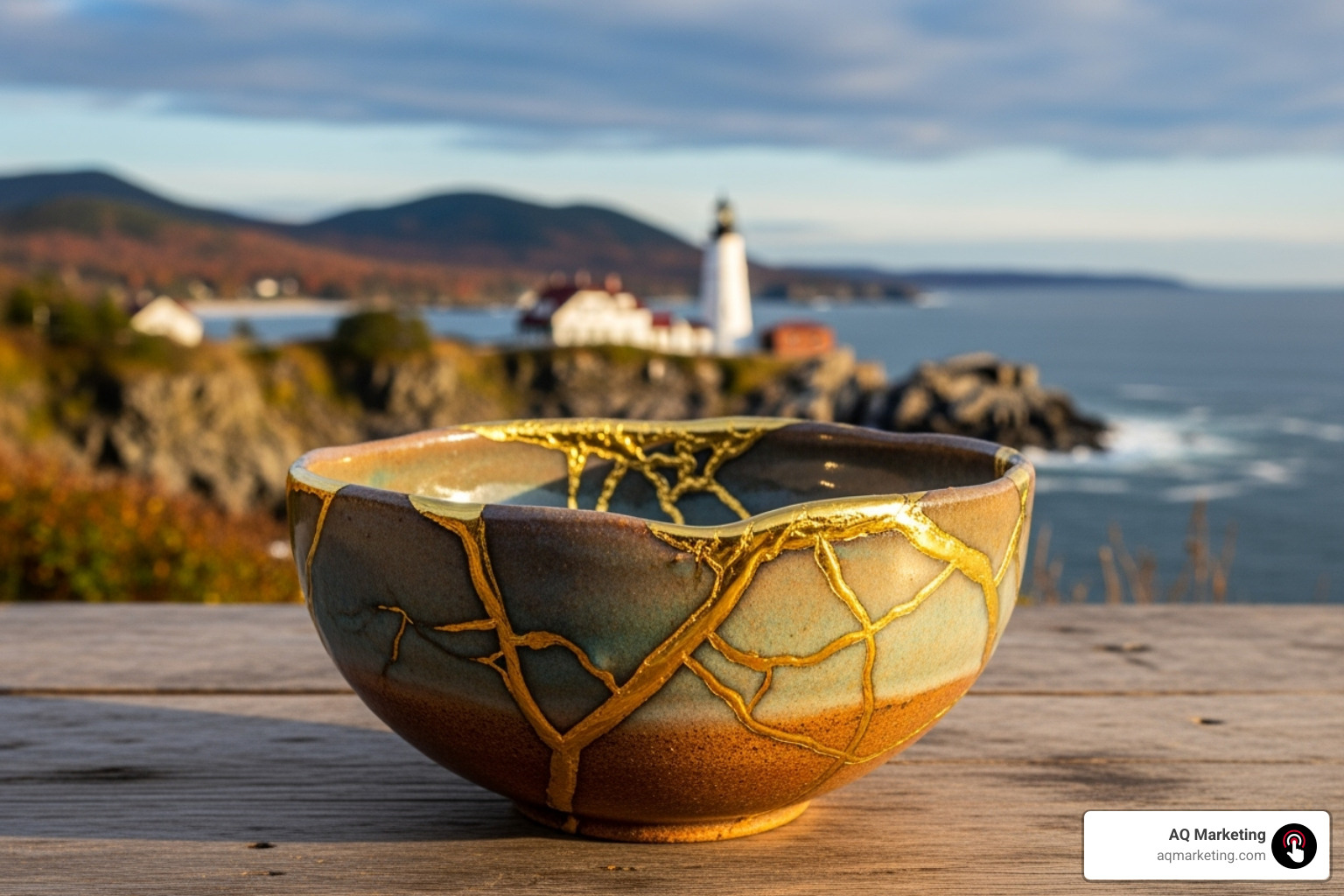 Kintsugi pottery symbolizing repaired reputation with a New England backdrop - Reputation management quotes Kintsugi pottery symbolizing repaired reputation with a New England backdrop - Reputation management quotes
