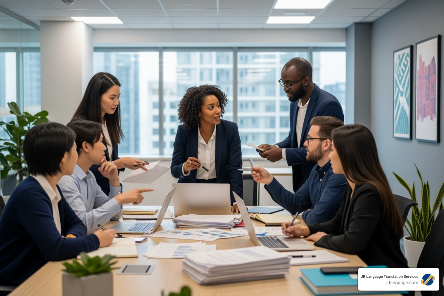 A team of professional translators collaborating on a project, reviewing documents and discussing cultural nuances - Spanish marketing translation